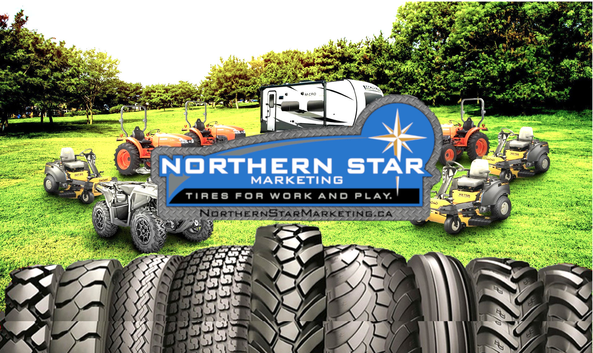 Advertisement for Northern Star Marketing featuring tires and lawn mowers in a grassy field.